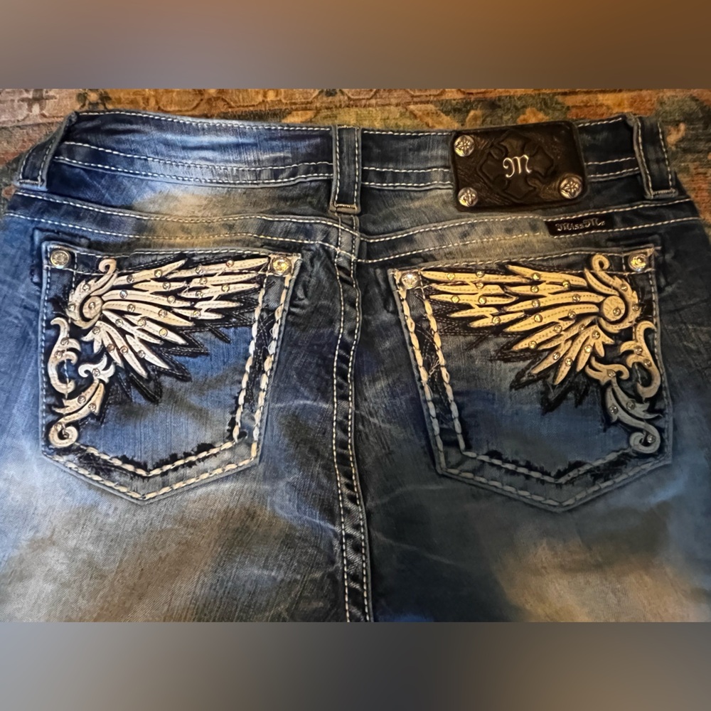 Miss Me Dark Blue Boot Cut Jeans with Wing Design
